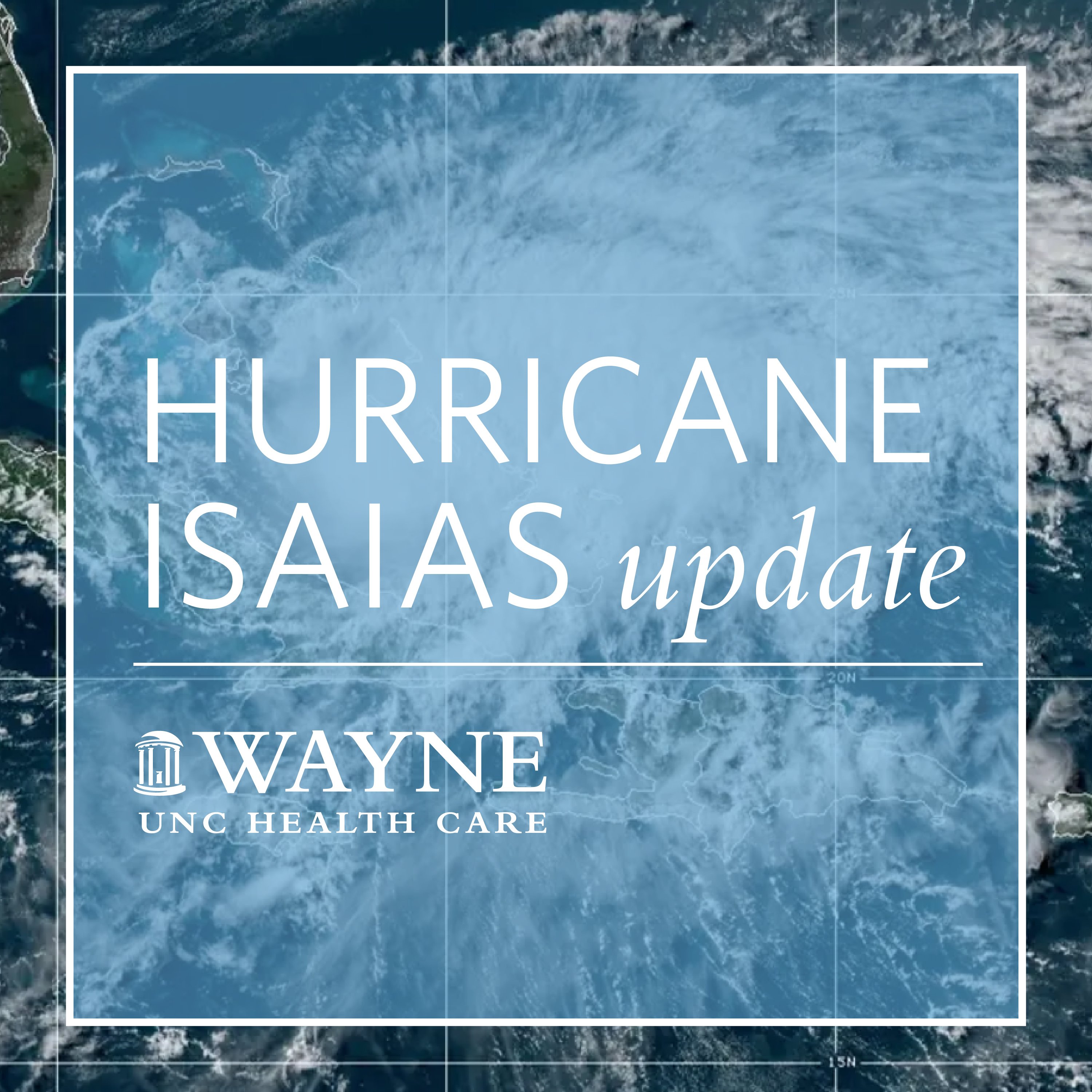 photo of hurricane with text reading hurricane isaias update