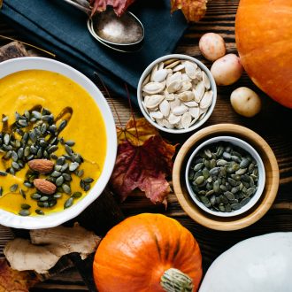 Display of pumpkins and pumpkin foods.